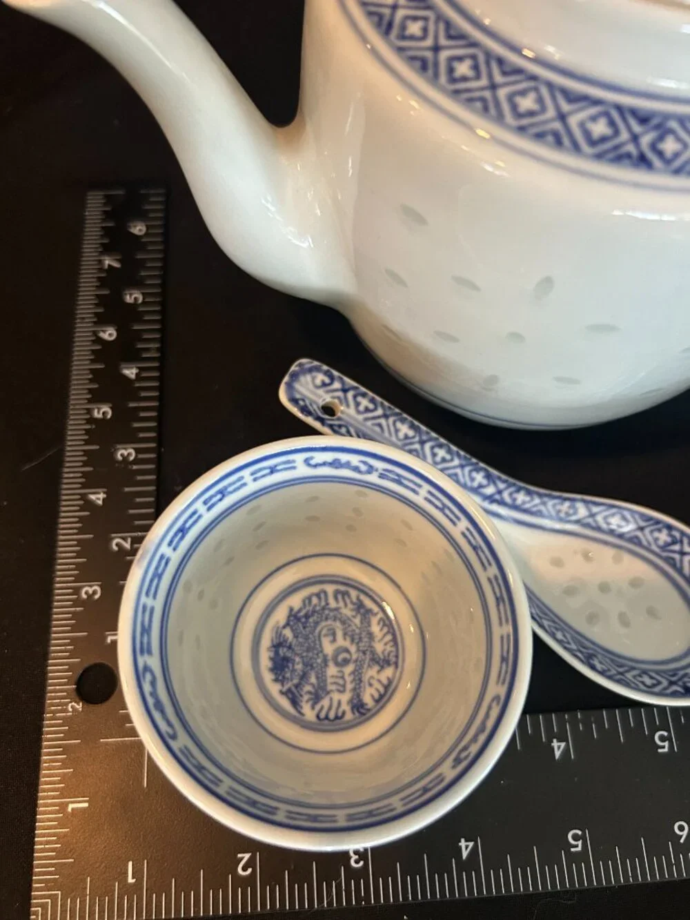 Chinese Rice Grain Porcelain Tea Set - Blue White Teapot 2 Cups Spoon Jingdezhen
